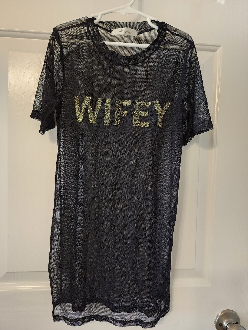 Gaze USA Black Mesh Sheer WIFEY Gold Glitter T Shirt Dress Coverup Top